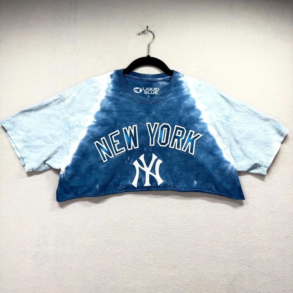 New York Yankees Crop Top Womens Large Blue Tie-Dye Liquid Blue MLB Baseball Tee